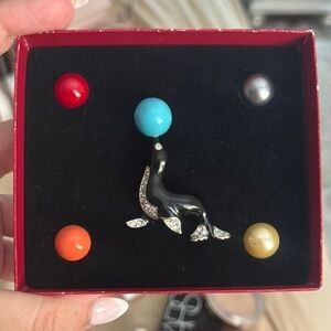 Kenneth Jay Lane Black and Silver Brooch with Vibrant Accents